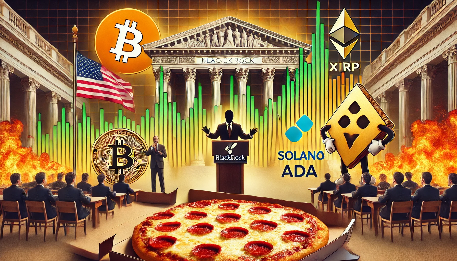 An illustration showing Bitcoin, XRP, Solana (SOL), and Cardano (ADA) fluctuating on a market chart. A political figure resembling a U.S. president gives a speech, while a financial institution (symbolizing BlackRock) stands in the background. A steaming stuffed crust pizza from Domino’s is displayed, highlighting the contrast between crypto volatility and comfort food.