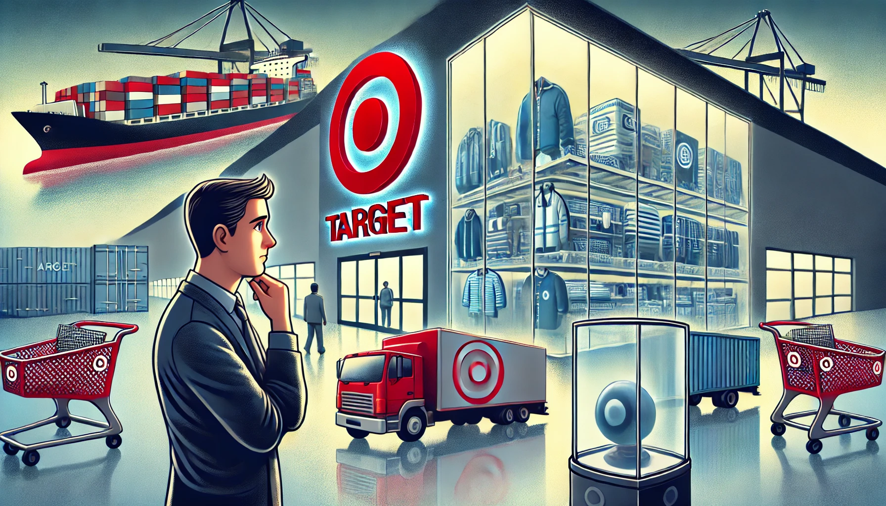 Illustration of a Target store with a concerned shopper looking at locked-up merchandise. Cargo ships and trucks in the background symbolize supply chain disruptions affecting retail.