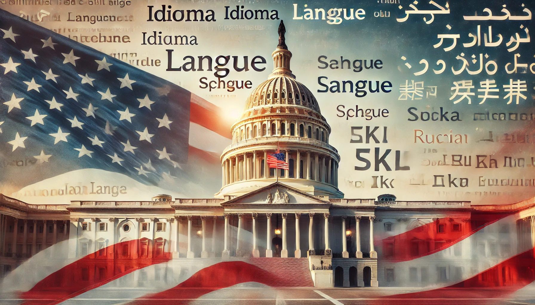 A wide view of the United States Capitol with an American flag waving in the foreground. The word 'language' appears subtly in multiple languages, symbolizing the official designation of English as the national language while acknowledging linguistic diversity.